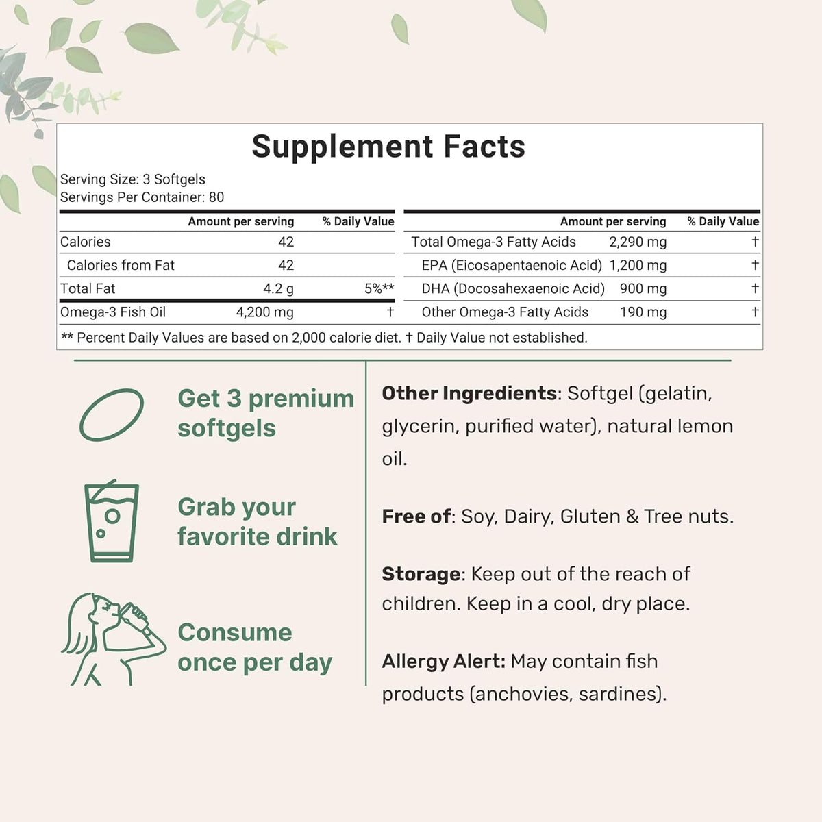 Omega 3 Fish Oil Supplements 4,200mg Per Serving| Lemon Flavored Burpless | EPA 1200mg + DHA 900mg