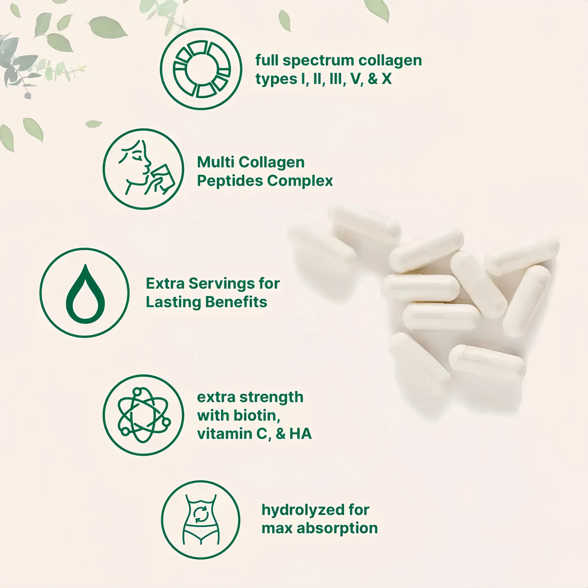 Multi Collagen Pills for Women & Men, 240 Capsules | Type I, II, III, V, X | Non-GMO, Filler Free